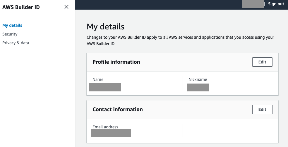 AWS Builder ID My details page